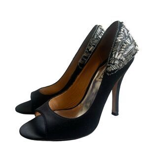 Badgley Mischka Black Kiara Embellished Peep Toe Platform Pumps Heels Size 6.5 M